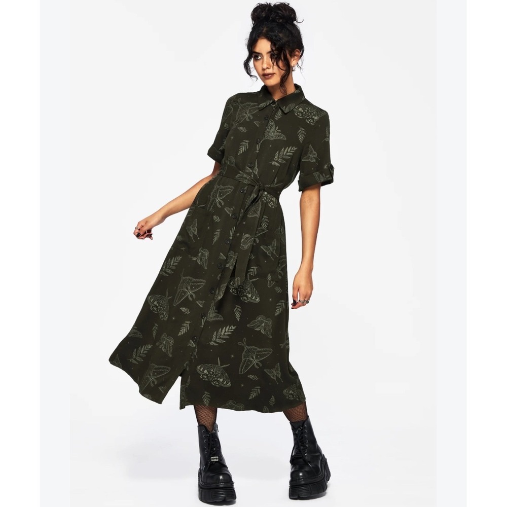 Disturbia Moth Fern Botanical Shirt Dress Olive Green Midi US 14 Gothic Boho